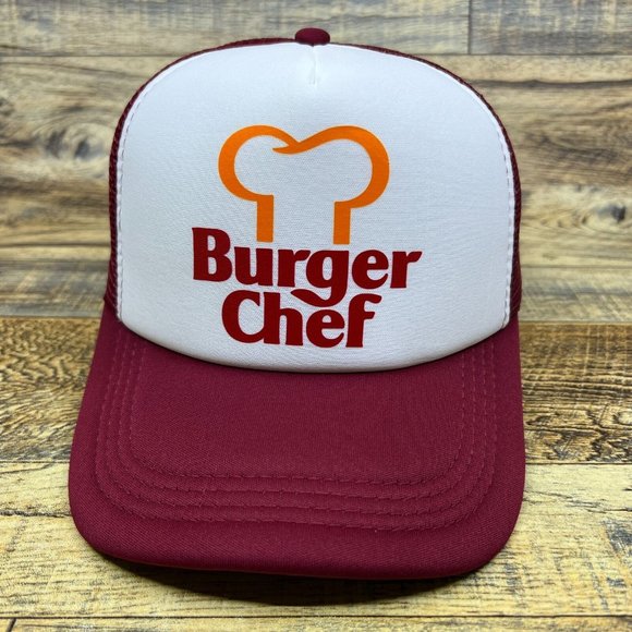 Defunct Burger Chef Mens Trucker Hat Maroon Snapback 1954 Logo Baseball Cap - Picture 2 of 8